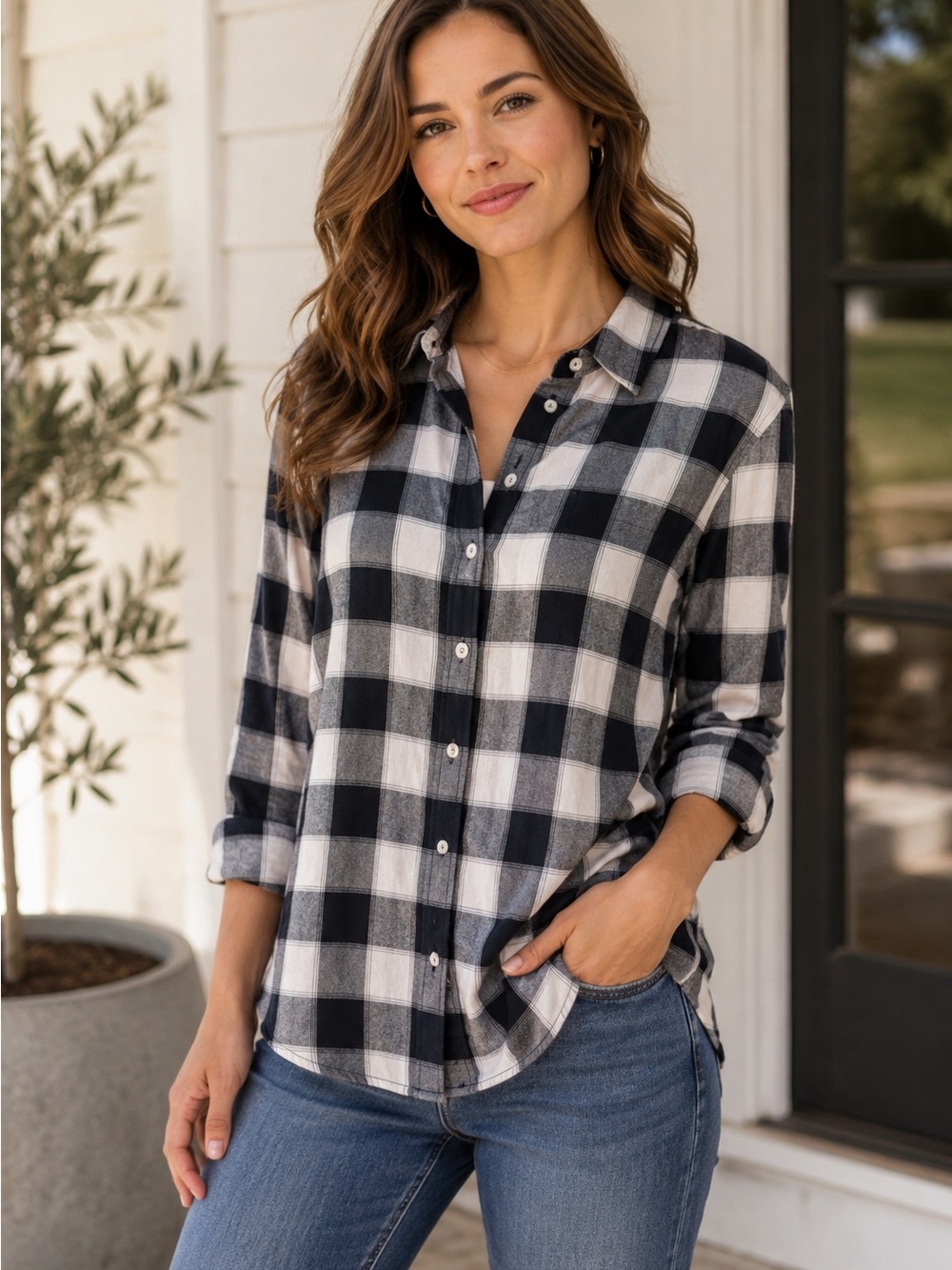 Talbots Womens XS Black White Buffalo Plaid Cotton Button Down Shirt Classic Fit
